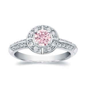 Sparkling Yaffie Halo Diamond Engagement Ring in White Gold with a Natural Touch of Fancy Pink - 3/4ct TDW