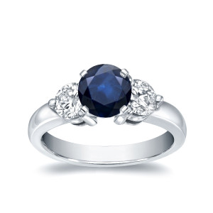White Gold 3-Stone Ring with 3/5ct Blue Sapphire and 2/5ct Diamonds by Yaffie