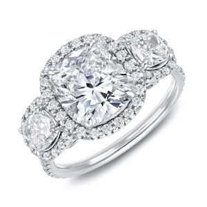 Certified Cushion Cut Diamond Halo Engagement Ring with 3 Stones in White Gold