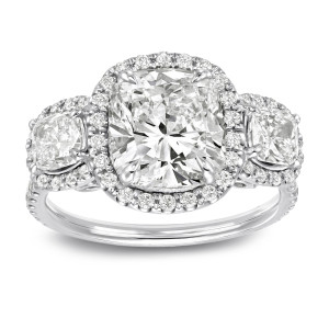 Certified Cushion Cut Diamond Halo 3-Stone Engagement Ring - Yaffie White Gold 4 2/5ct TDW