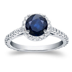 Blue Sapphire Diamond Halo Ring with 7/8ct White Gold and 3/5ct TDW