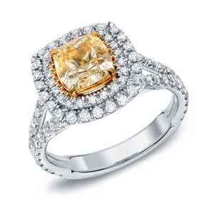 Certified Fancy Yellow Cushion-cut Diamond Ring with Two-tone Gold by Yaffie, 2 1/2ct TDW