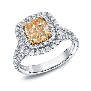 Certified 2 1/4ct TDW Yaffie Fancy Yellow Cushion-cut Diamond Ring in Two-tone Gold
