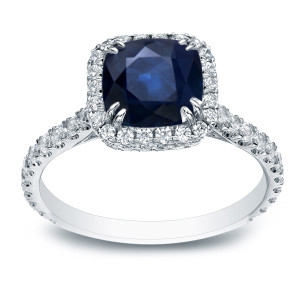 Blue Sapphire Diamond Halo Ring with Brilliant White Gold Accent (1.2ct & 0.8ct) by Yaffie