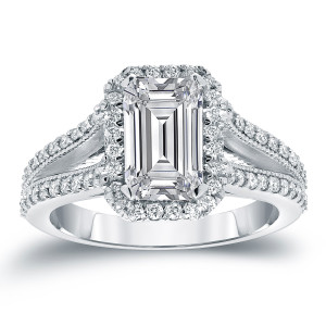 Emerald Cut Diamond Halo Engagement Ring with 2.5ct TDW by Yaffie in White Gold