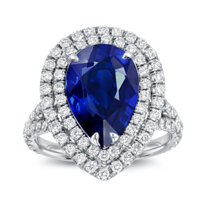 Yaffie Blue Sapphire and Diamond Ring in White Gold with Halo Accent, 3ct and 1ct TDW.