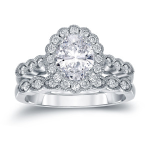 Certified Oval Diamond Halo Bridal Ring Set with Yaffie Platinum 2 1/6ct TDW
