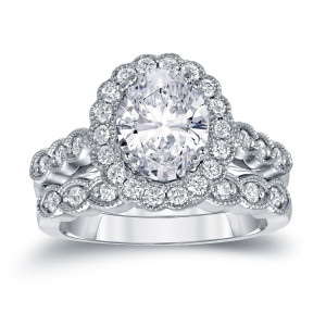 Certified Oval Diamond Halo Bridal Ring Set - Yaffie Platinum 3.13ct TDW