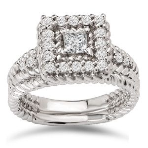 Elegant Yaffie White Gold Bridal Ring Set with Princess-Cut Diamond and Halo Design