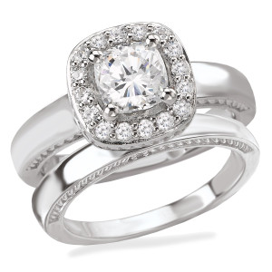 Rhodium-Plated Sterling Silver Bridal Set with Cushion Cut Centerstone, Halo, and Plain Shank, Adorned with Sparkling Cubic Zirconia