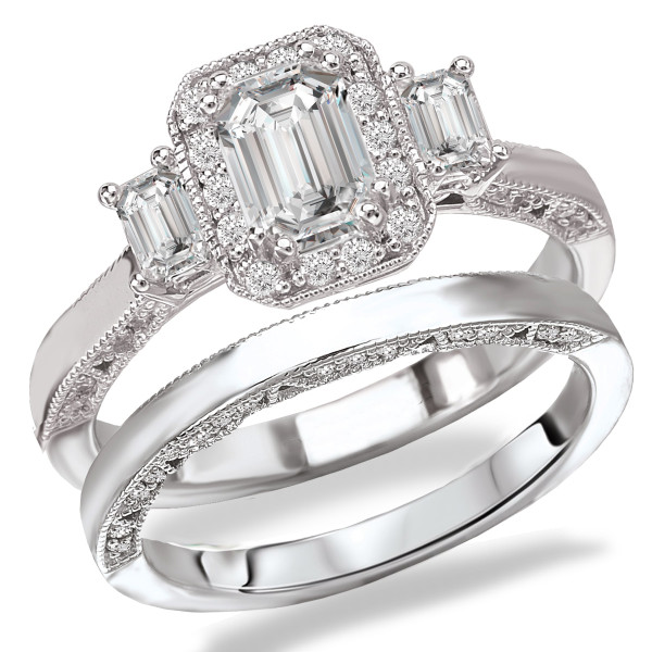 Rhodium-Plated Sterling Silver Bridal Set with Cubic Zirconia Emerald Cut Center & Three Stone Design by Yaffie