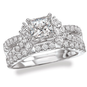 Rhodium Plated Sterling Silver Cubic Zirconia Bridal Set with Princess Cut Center and Split Shank, by Yaffie.