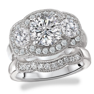 Vintage Halo Bridal Set with Three Round Cubic Zirconia Stones, Rhodium Plated in Sterling Silver, by Yaffie
