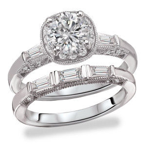Rhodium Plated Sterling Silver Cubic Zirconia Bridal Set with Round and Baugette Stones by Yaffie.