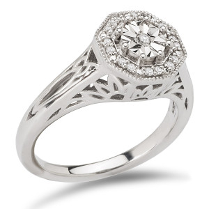 Yaffie Vintage Diamond Engagement Ring in Sterling Silver with Octogonal Halo (1/10ct TDW)