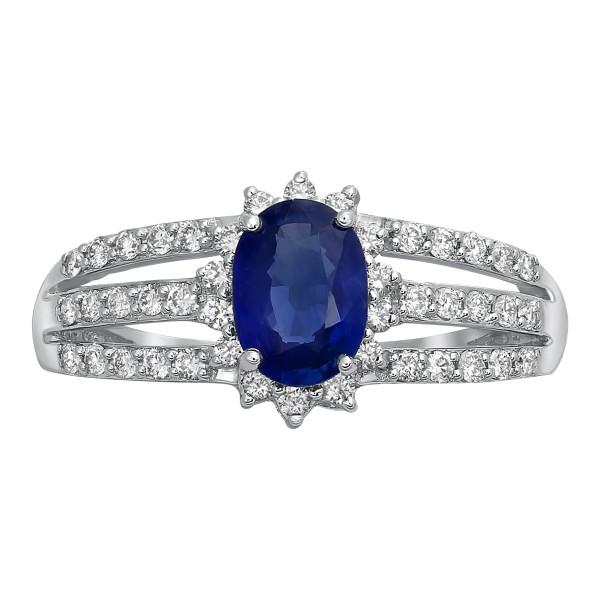 Gorgeous Vivid Blue Oval Sapphire and Diamond Halo Engagement Ring in White Gold by Yaffie