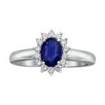 Elegant Oval Blue Sapphire and Diamond Halo Engagement Ring in Yaffie White Gold