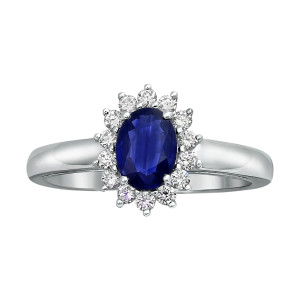 Elegant Oval Blue Sapphire and Diamond Halo Engagement Ring in Yaffie White Gold
