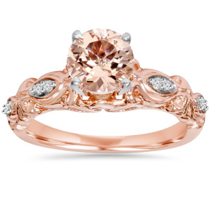Vintage ring with Morganite and Diamond, Yaffie Bliss Engagement in Rose Gold 1/16 ct TDW