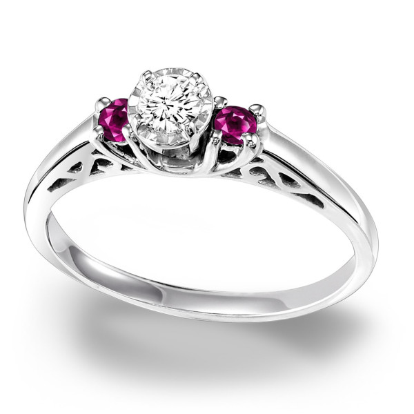 Ruby Diamond Triple Stone Ring in Sterling Silver by Yaffie, 1/6ct TDW