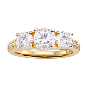 Gold 3-Stone Ring with Brilliant Moissanite Totaling 2.24 Carats by Yaffie Charles & Colvard.