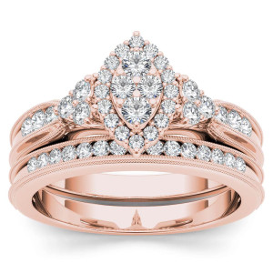 Rose Gold Marquise Diamond Halo Engagement Ring Set with 1/2ct Total Diamond Weight by Yaffie.