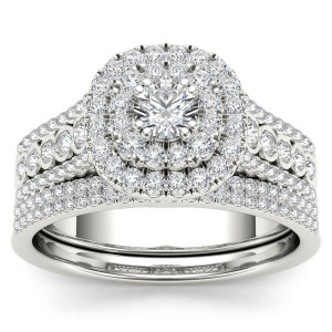 Sparkling Love: Yaffie White Gold Double Halo Engagement Ring Set with 1ct TDW Diamond and Matching Band