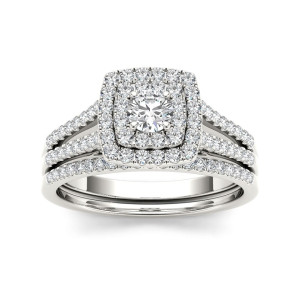 Diamond Double Halo Engagement Ring Set with 3/4ct TDW in White Gold by Yaffie