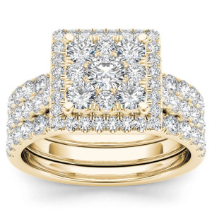 Gorgeous Yaffie Gold Engagement Ring with 2ct TDW Diamond Cluster and Twin Bands.