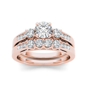 Yaffie Trio of Sparkling Diamonds in Rose Gold Engagement Ring Set, totaling 1 1/4ct TDW