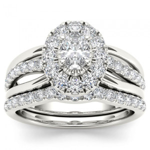 White Gold Oval Diamond Halo Bridal Set by Yaffie - 1ct TDW