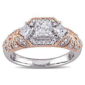 Vintage Princess and Round-cut Diamond Engagement Ring with 1ct TDW in 2-Tone White and Rose Gold by Yaffie
