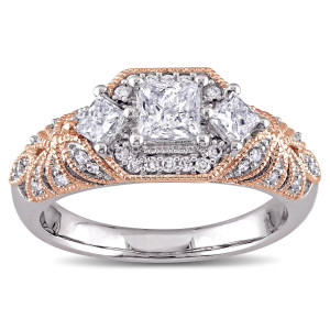 Yaffie Vintage Princess and Round-cut Diamond Engagement Ring with 1ct TDW in White and Rose Gold Tone.