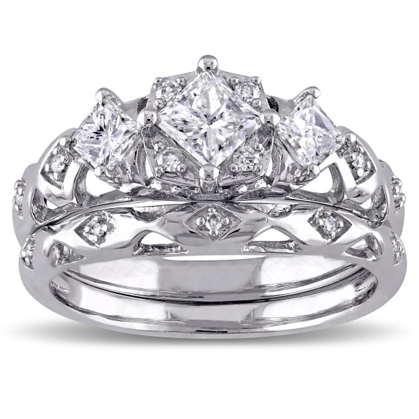 White Gold Bridal Ring Set with 1ct TDW Princess and Round-cut Diamonds and Intricate Milgrain Detail by Yaffie