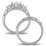 White Gold Bridal Ring Set with 1ct TDW Princess and Round-cut Diamonds and Intricate Milgrain Detail by Yaffie