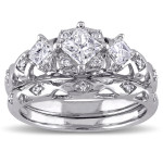 White Gold Bridal Ring Set with 1ct TDW Princess and Round-cut Diamonds and Intricate Milgrain Detail by Yaffie