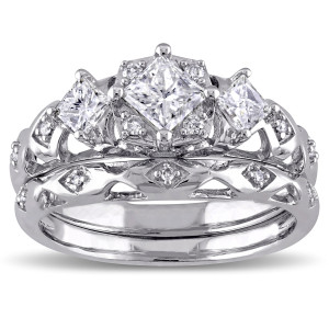 White Gold Bridal Ring Set with 1ct TDW Princess and Round-cut Diamonds and Intricate Milgrain Detail by Yaffie