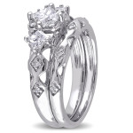 White Gold Bridal Ring Set with 1ct TDW Princess and Round-cut Diamonds and Intricate Milgrain Detail by Yaffie