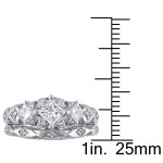 White Gold Bridal Ring Set with 1ct TDW Princess and Round-cut Diamonds and Intricate Milgrain Detail by Yaffie