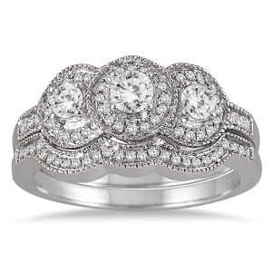 Yaffie Antique 3-Stone Diamond Bridal Set in White Gold with 0.75ct Total Weight