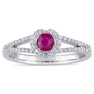Engage in Elegance with Yaffie Ruby & Diamond Halo Ring from the Signature Collection in White Gold!