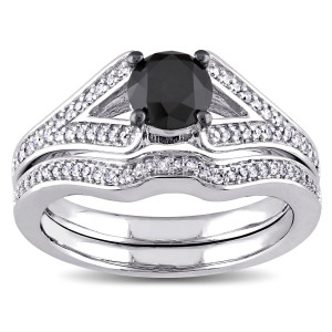Yaffie ™ Bespoke Black and White Diamond Bridal Ring Set in 1 1/4ct TDW White Gold