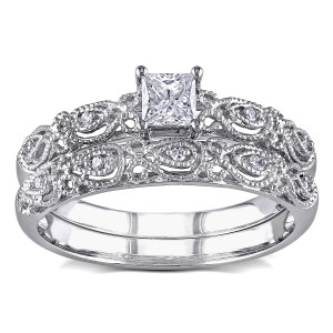 Vintage Bridal Engagement Ring Set with 1/3ct TDW White Gold Diamonds by Yaffie, Perfect for Stacking!