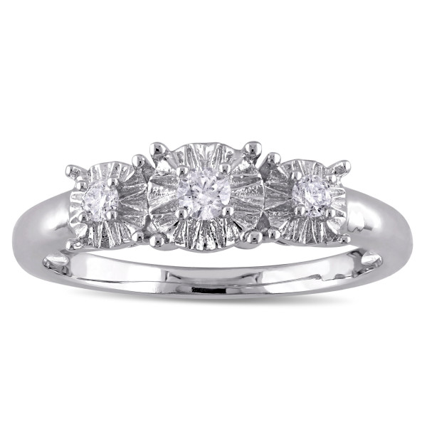 Yaffie 3-Stone Engagement Ring in White Gold, Hand-set with 1/6ct of Sparkling Diamonds.