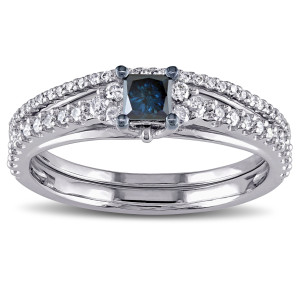 Blue and White Diamond Bridal Ring Set with Princess-cut 3/5ct TDW, crafted in glamorous White Gold by Yaffie.