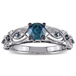 Vintage Filigree Engagement Ring with Blue Diamond by Yaffie in White Gold, 4/5ct TDW