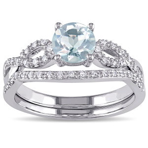 Sparkling Yaffie White Gold Bridal Set with Aquamarine & Diamond Accents