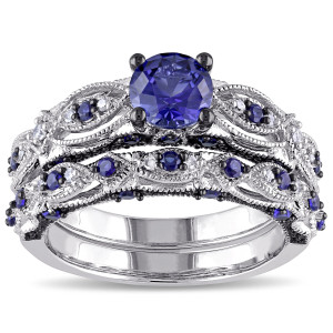 Yaffie Vintage Bridal Set with Blue Sapphire and Diamond Accents in White Gold