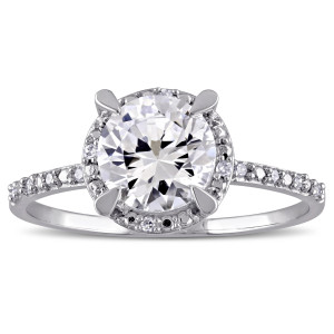 Sparkling White Gold Halo Engagement Ring with Created Sapphires & Diamonds by Yaffie
