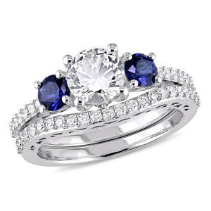White and Blue Sapphire Diamond Bridal Ring Set with 1/3ct TDW in White Gold by Yaffie Created Jewels.